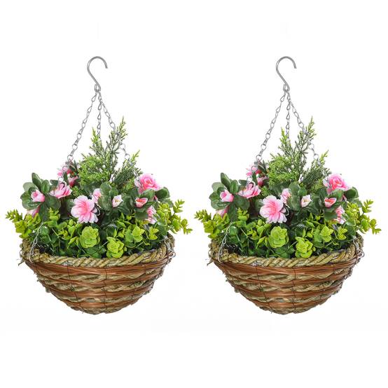 Lot 2 lisianthus artificiels pot crochet plantes PE osier Ø25x34 cm vert rose - Image 1