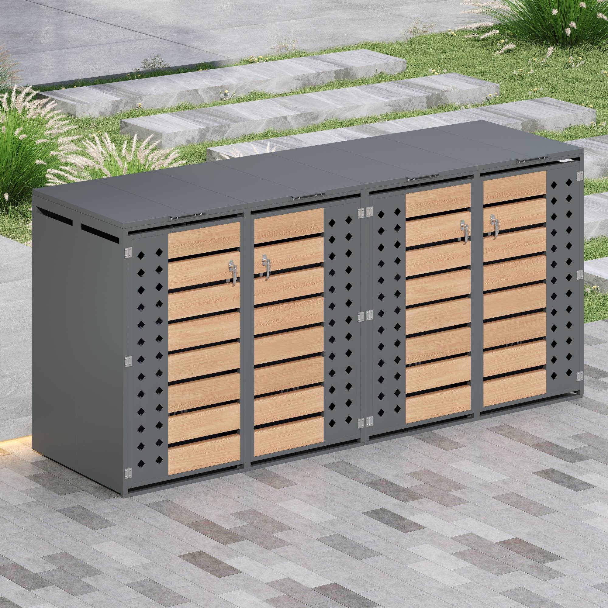 PANGIVO - Mülltonnenbox avec bois imitation gris et compartiments séparés, 132 x 80 x 118,5 cm - PANGIVO - Image 10