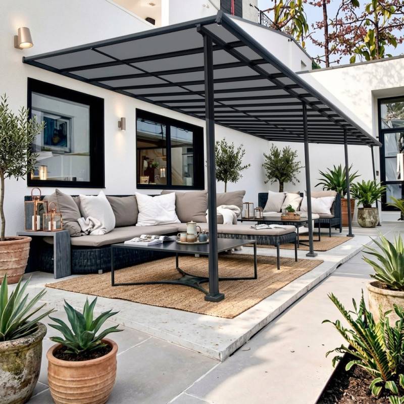 Pergola adossée aluminium 32m² X-Metal gris avec kit d'ancrage, toit polycarbonate anti-UV - Image 1