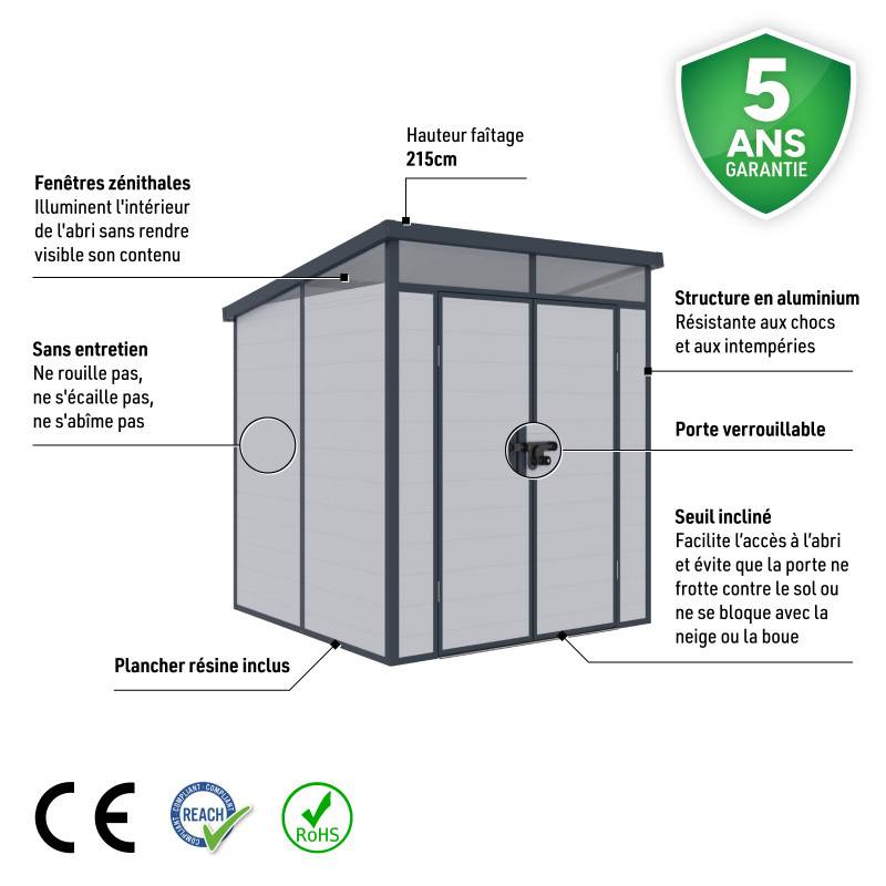 Abri de jardin résine 3,24m² gris clair toit plat avec plancher Jôbu - Image 4