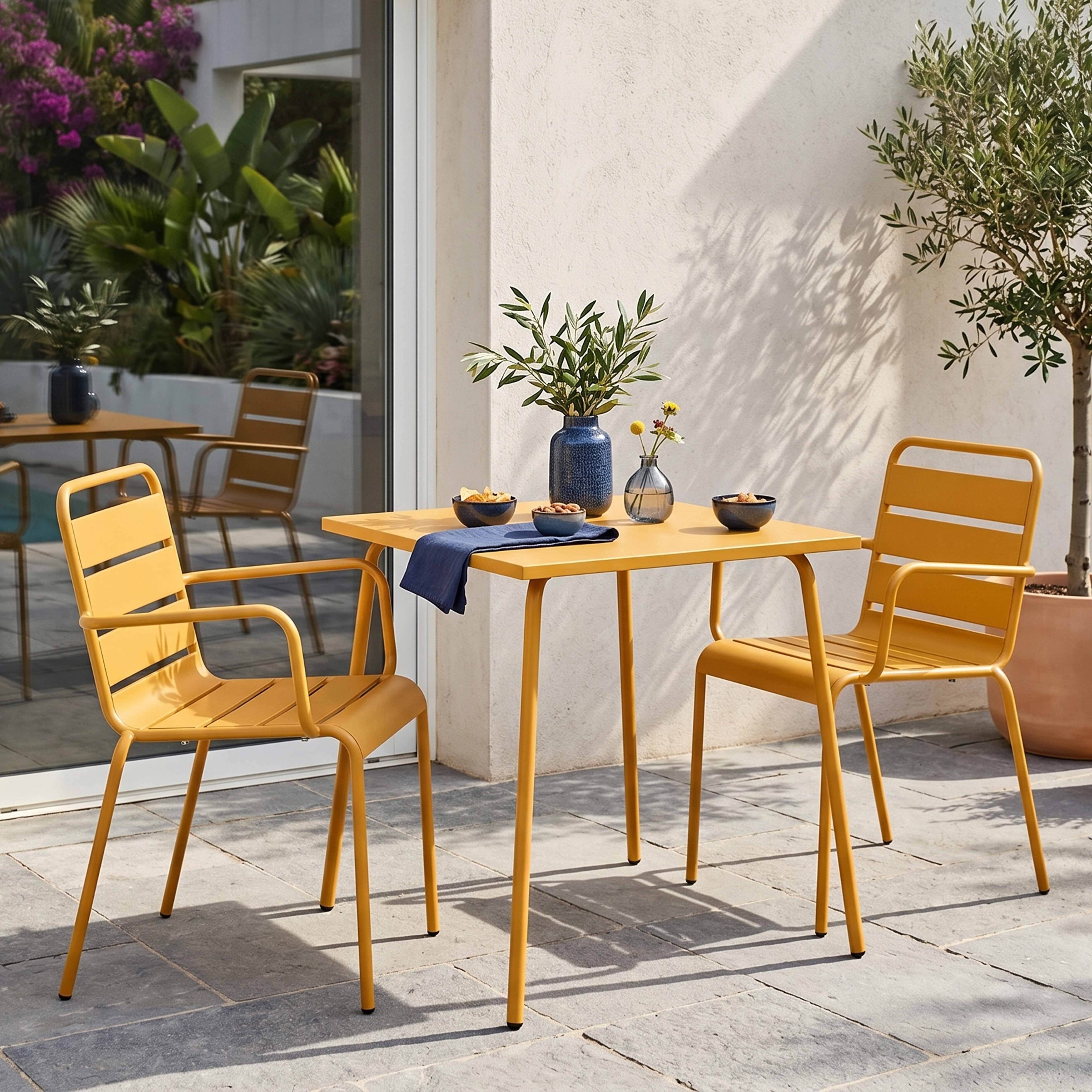 Oviala - Ensemble table de jardin bistrot et 2 fauteuils acier jaune Palavas - Oviala - Image 2