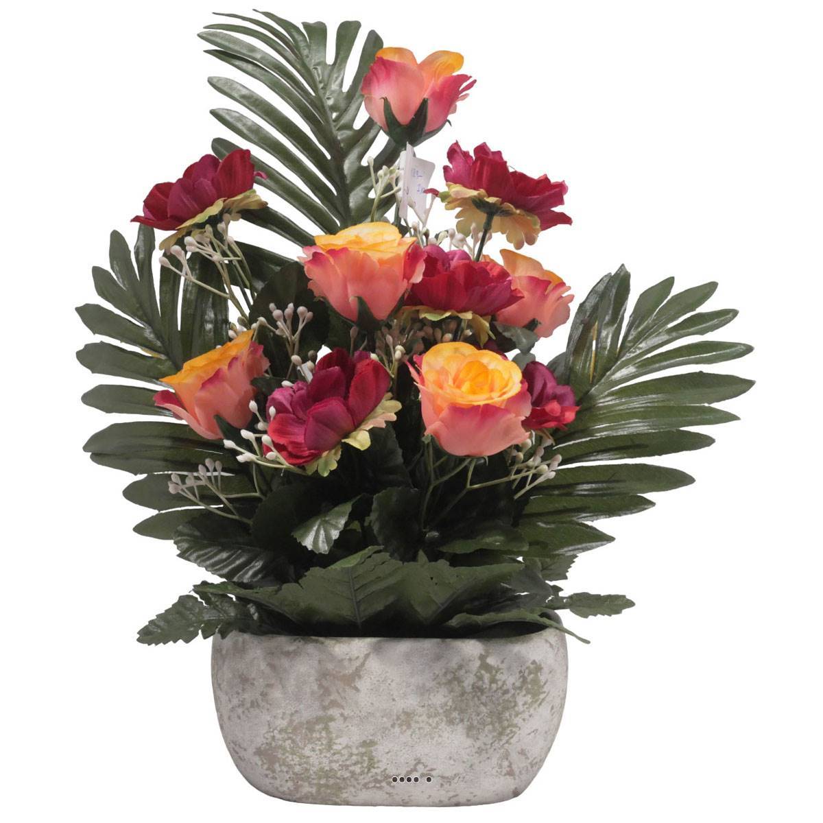 Artificielles - Jardinière pot béton bouton de rose, Anémone et Gypso Rose fushia pour la Toussaint - couleur: Rose fushia 730 - Image 1