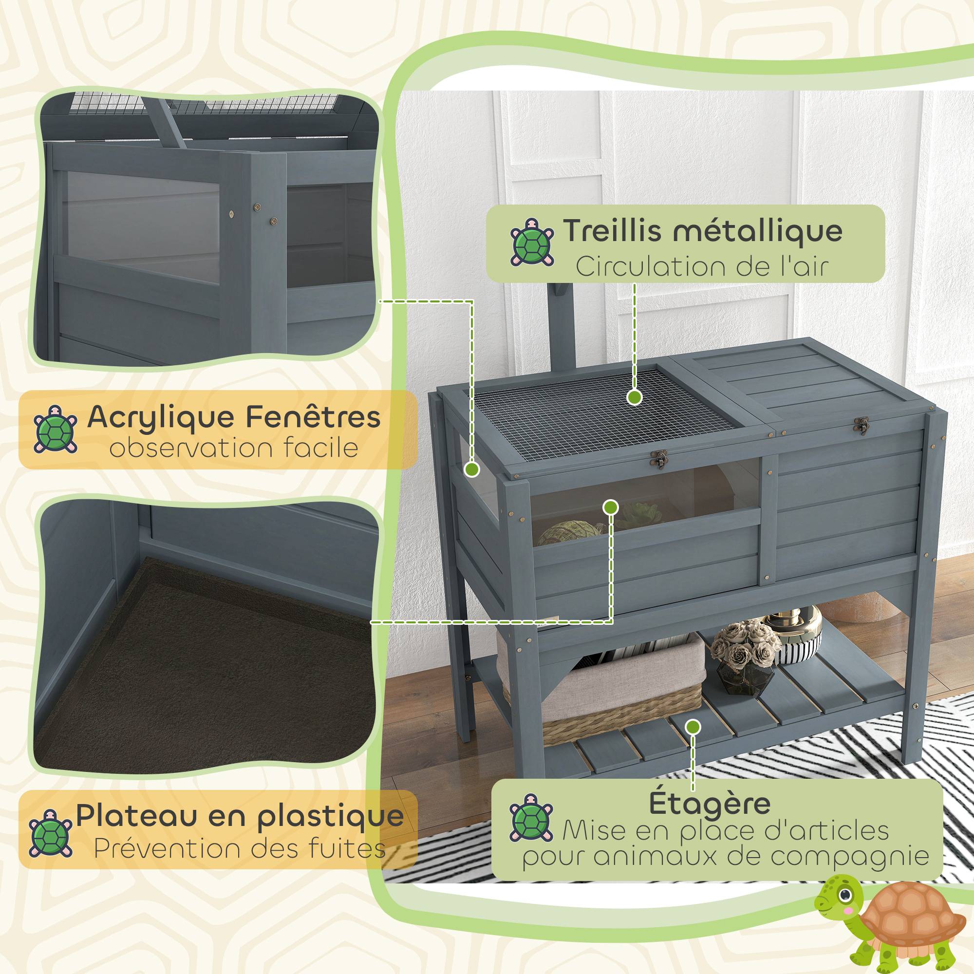 Sans Marque - Maison enclos pour tortues sur pieds avec étagère de rangement en bois de sapin - dim. 103H x 84L x 51l cm - Image 9