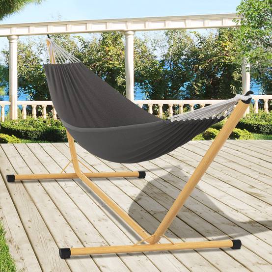IDMARKET - Hamac avec support métal effet bois et toile gris anthracite - Image 1