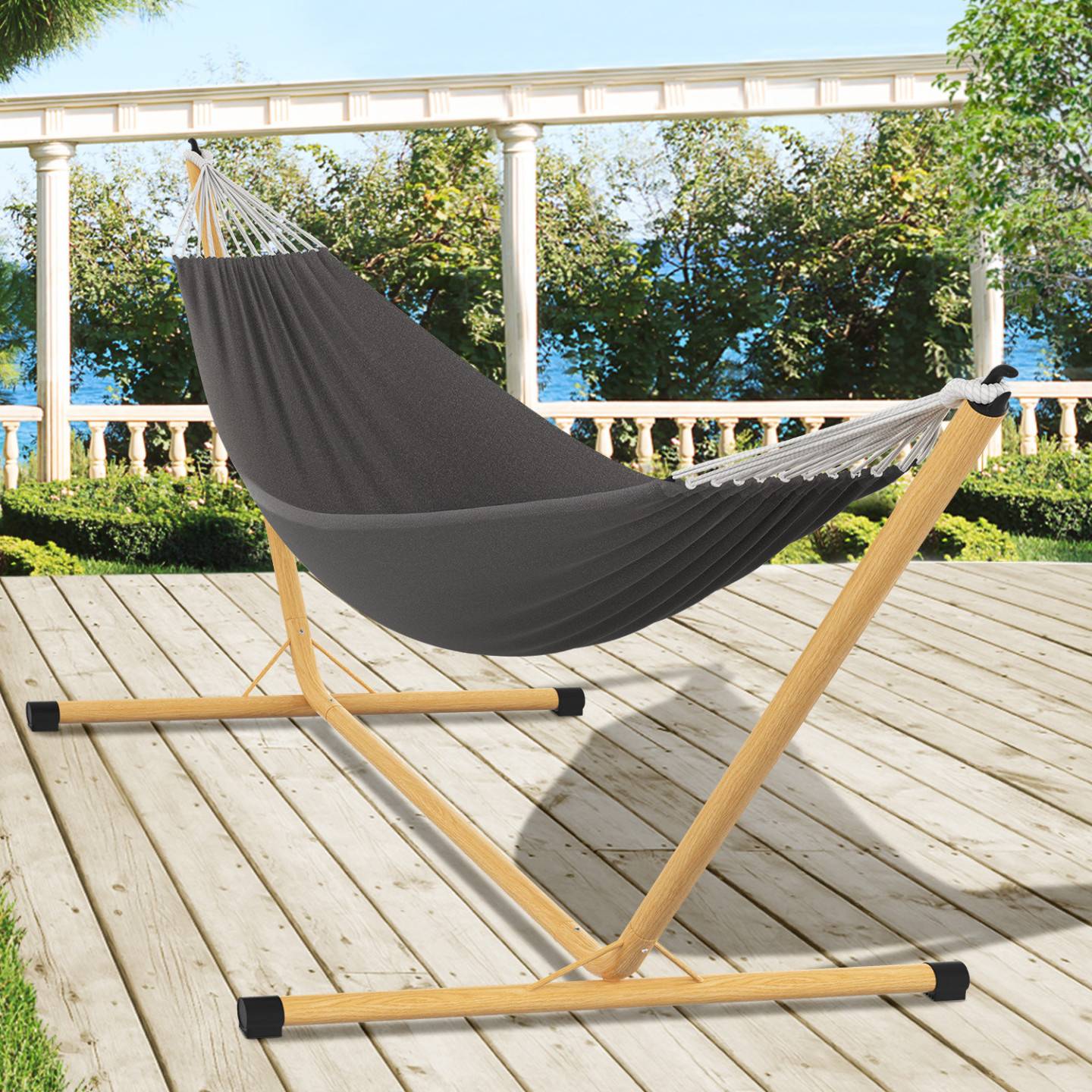 IDMARKET - Hamac avec support métal effet bois et toile gris anthracite - Image 1