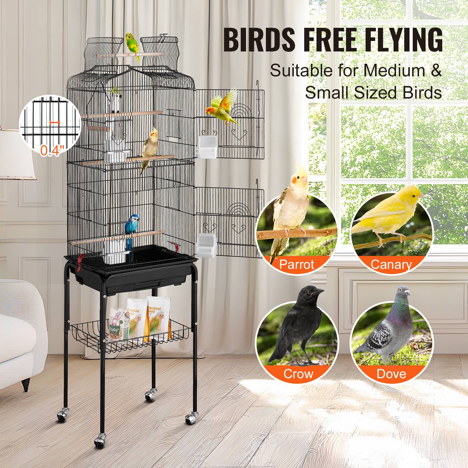 VEVOR Cage oiseau 45,7x35,5x151 cm, métal, support roulant. Plateaux, perchoirs. - Image 3