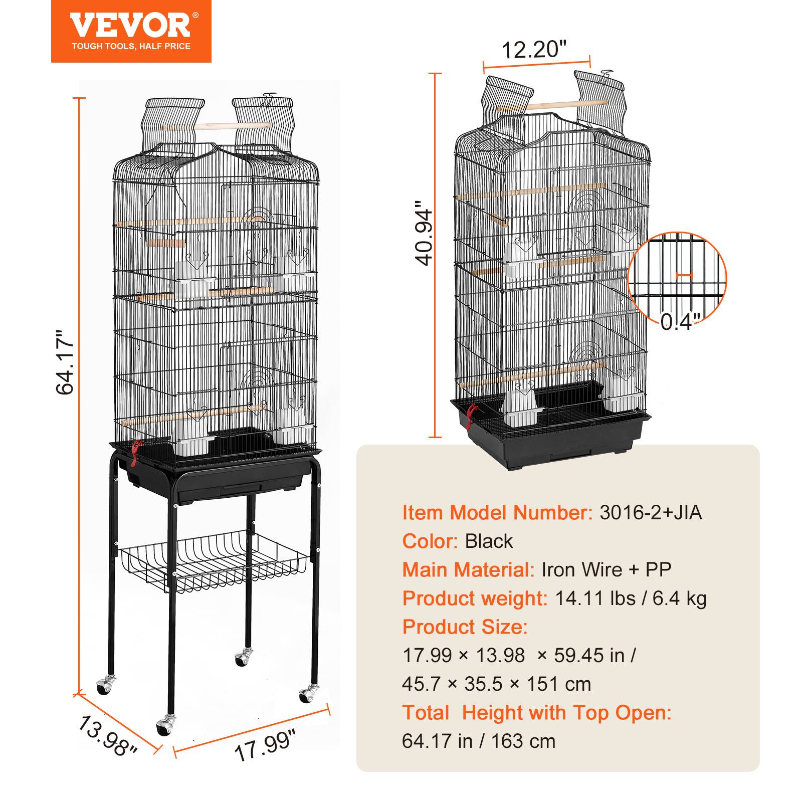VEVOR Cage oiseau 45,7x35,5x151 cm, métal, support roulant. Plateaux, perchoirs. - Image 7