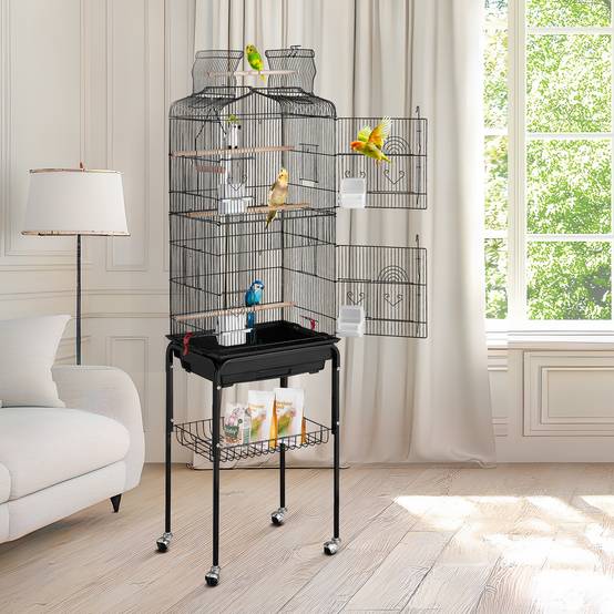 VEVOR Cage oiseau 45,7x35,5x151 cm, métal, support roulant. Plateaux, perchoirs. - Image 8