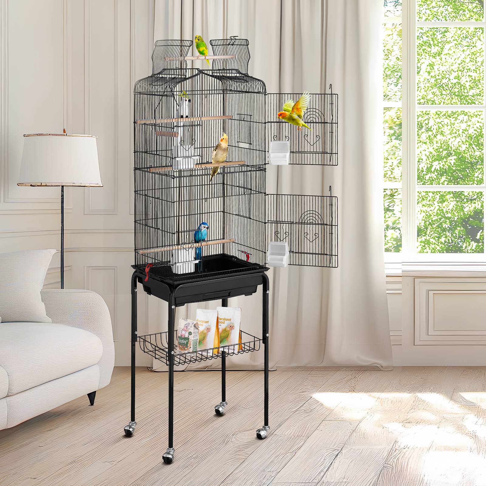 VEVOR Cage oiseau 45,7x35,5x151 cm, métal, support roulant. Plateaux, perchoirs. - Image 8