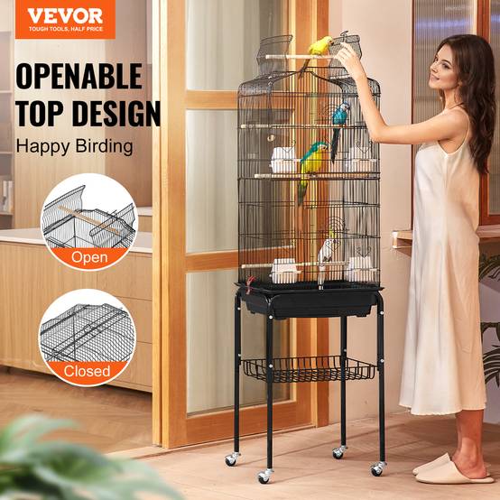 VEVOR Cage oiseau 45,7x35,5x151 cm, métal, support roulant. Plateaux, perchoirs. - Image 2