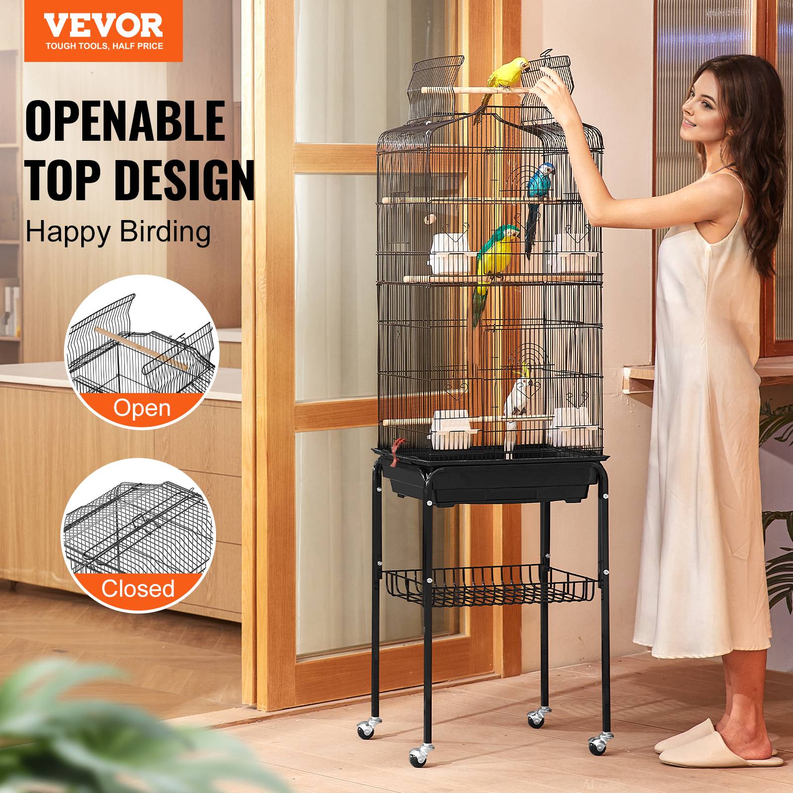 VEVOR Cage oiseau 45,7x35,5x151 cm, métal, support roulant. Plateaux, perchoirs. - Image 2