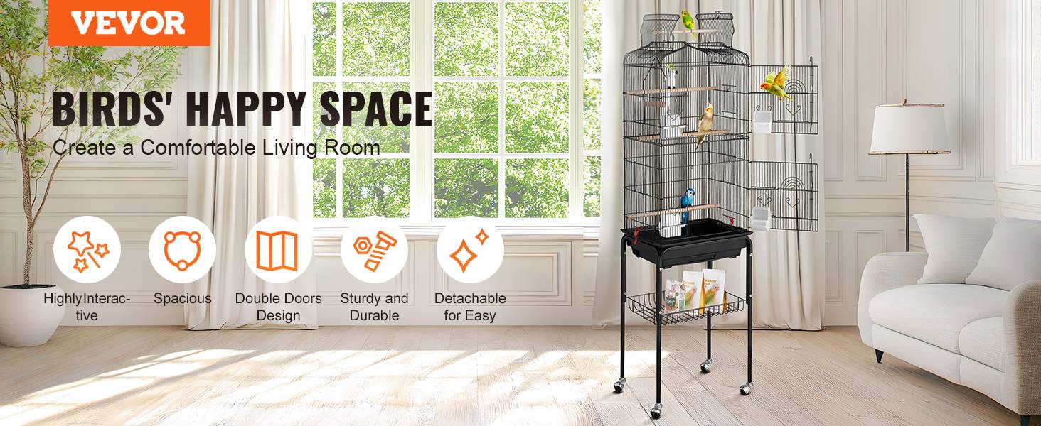 VEVOR Cage oiseau 45,7x35,5x151 cm, métal, support roulant. Plateaux, perchoirs. - Image 9