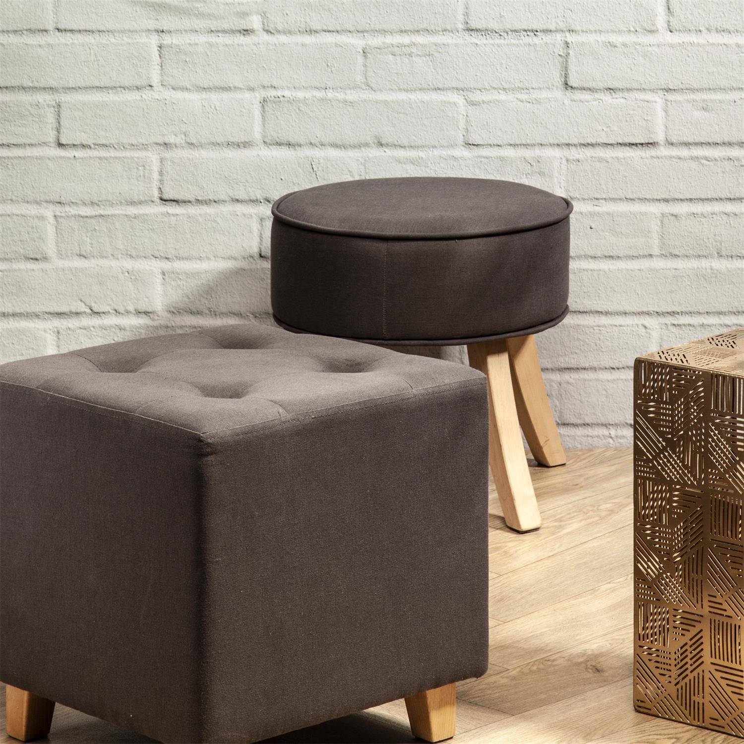 Importdistrib - Lot de 2 Tabouret rond 36x35,5 cm en tissu gris anthracite et naturel IMPORTDISTRIB - Image 2