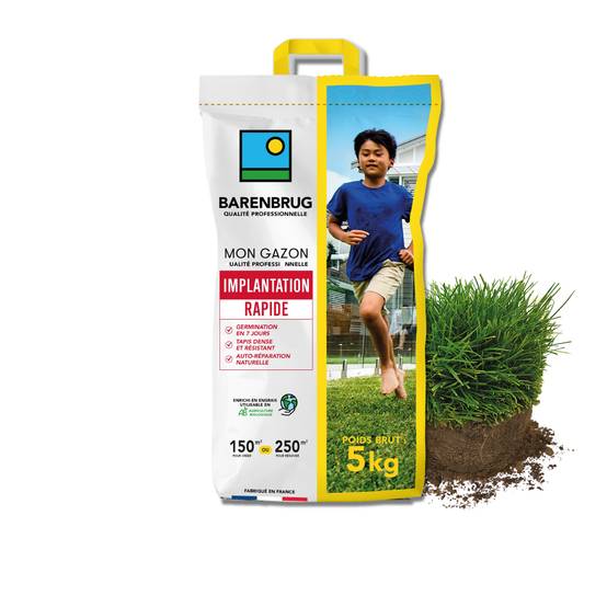 Gazon Implantation Rapide - Germination en 7 Jours - Tapis Dense et Résistant - Autoréparation Naturelle - 5KG - BARENBRUG - Image 1