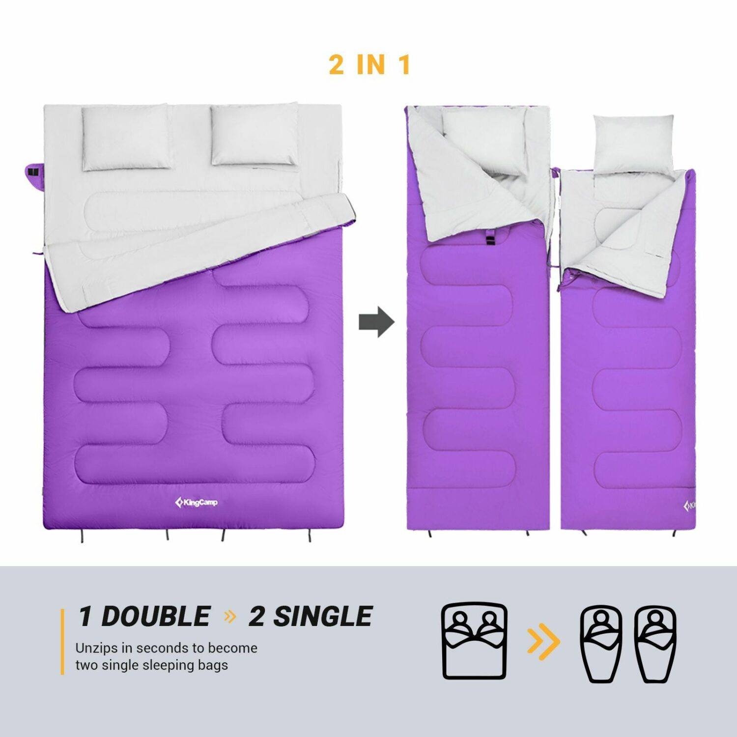 Sac de couchage 2 places - Modèle Oxygen - Violet - 220 x 150 cm - Kingcamp - Image 3