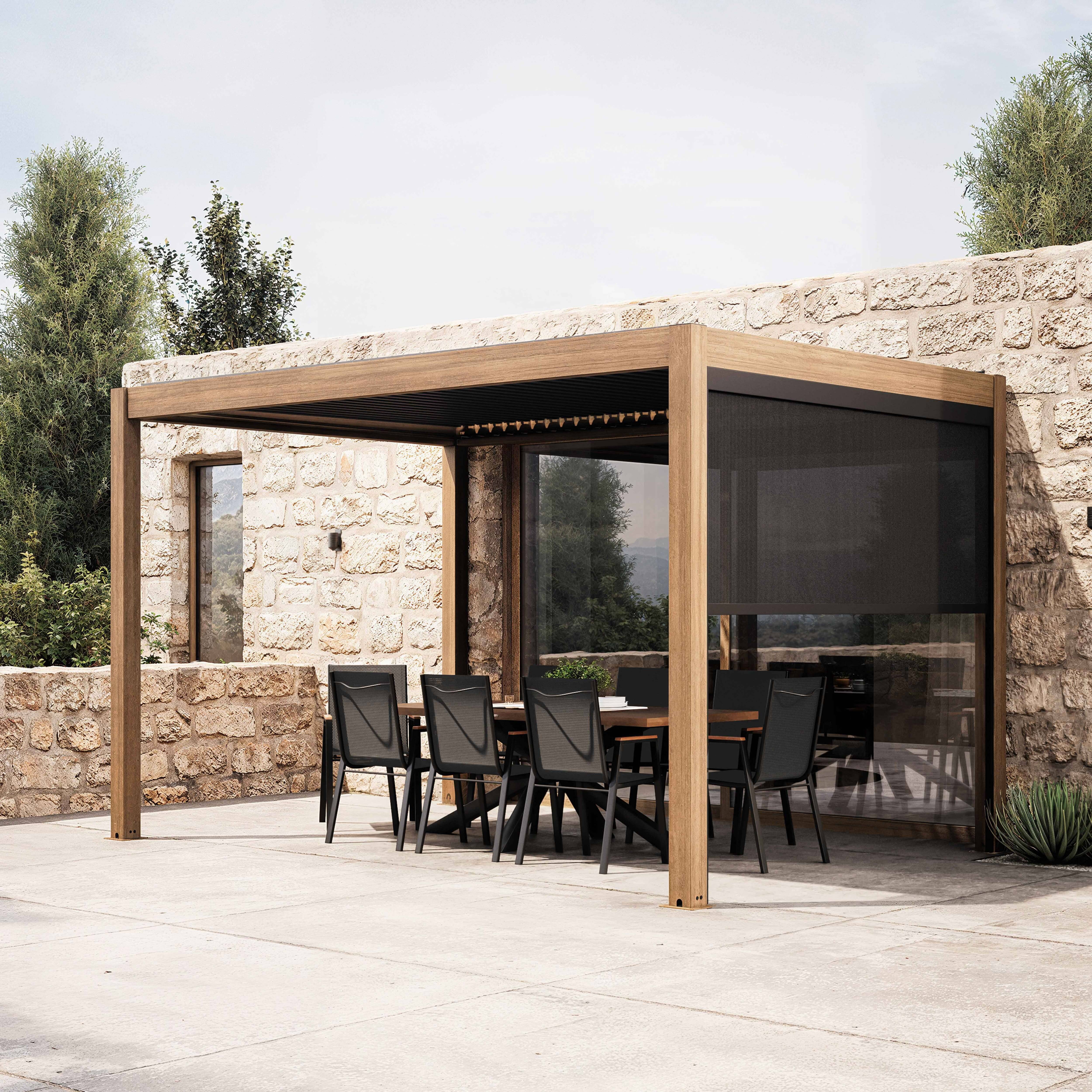 Oviala - Pergola bioclimatique autoportée 3x4m et 1 store bois gris Athenes - Oviala - Image 1