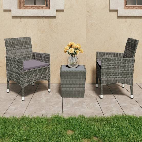Ensemble de bistro 3 pcs | Mobilier d'extérieur Résine tressée et verre trempé Gris Maison Chic - Image 2