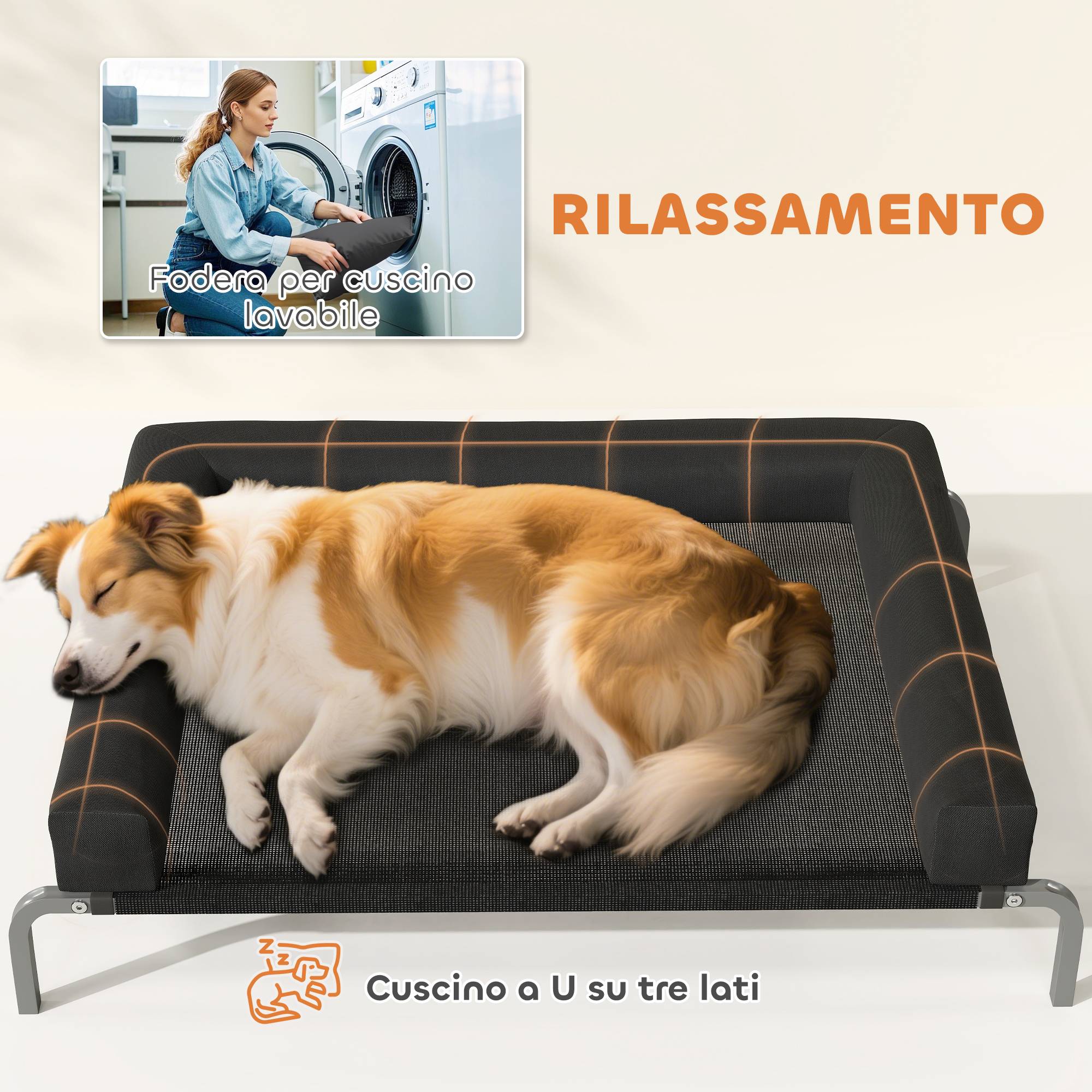 ComfortXL - Lit surélevé pour chien en acier et toile Oxford noir et argent 110 x 75 x 30 cm avec coussin en U et maille aérée - Image 5