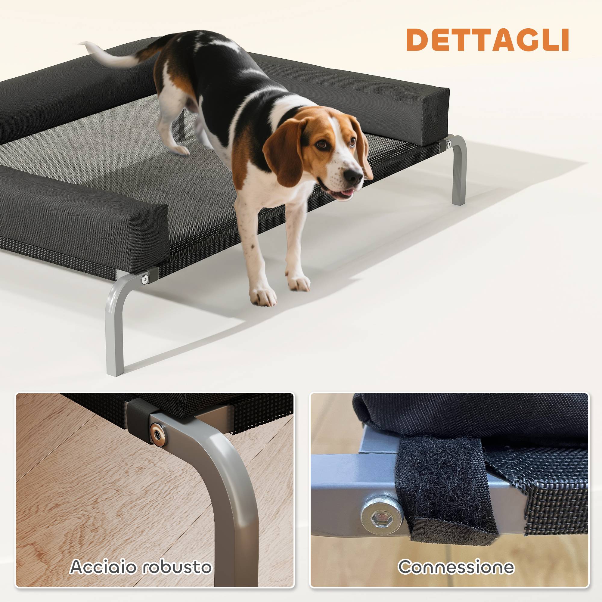 ComfortXL - Lit surélevé pour chien en acier et toile Oxford noir et argent 110 x 75 x 30 cm avec coussin en U et maille aérée - Image 8