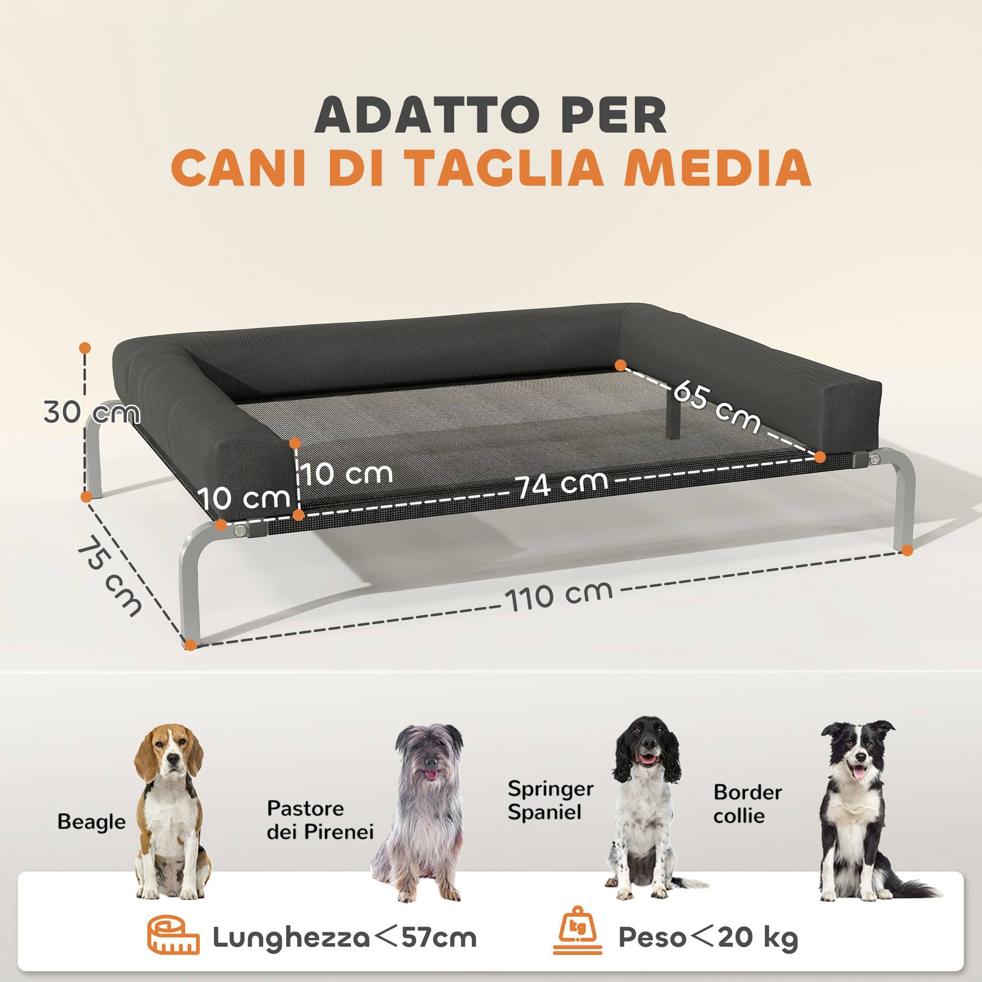 ComfortXL - Lit surélevé pour chien en acier et toile Oxford noir et argent 110 x 75 x 30 cm avec coussin en U et maille aérée - Image 3