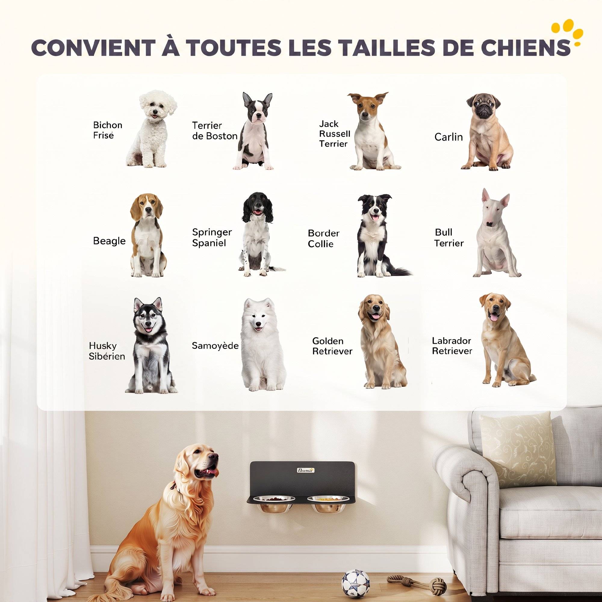 ComfortXL - Gamelle double murale pour chien en acier noir avec 2 bols en inox de 800 ml à hauteur réglable et gain de place - Image 7