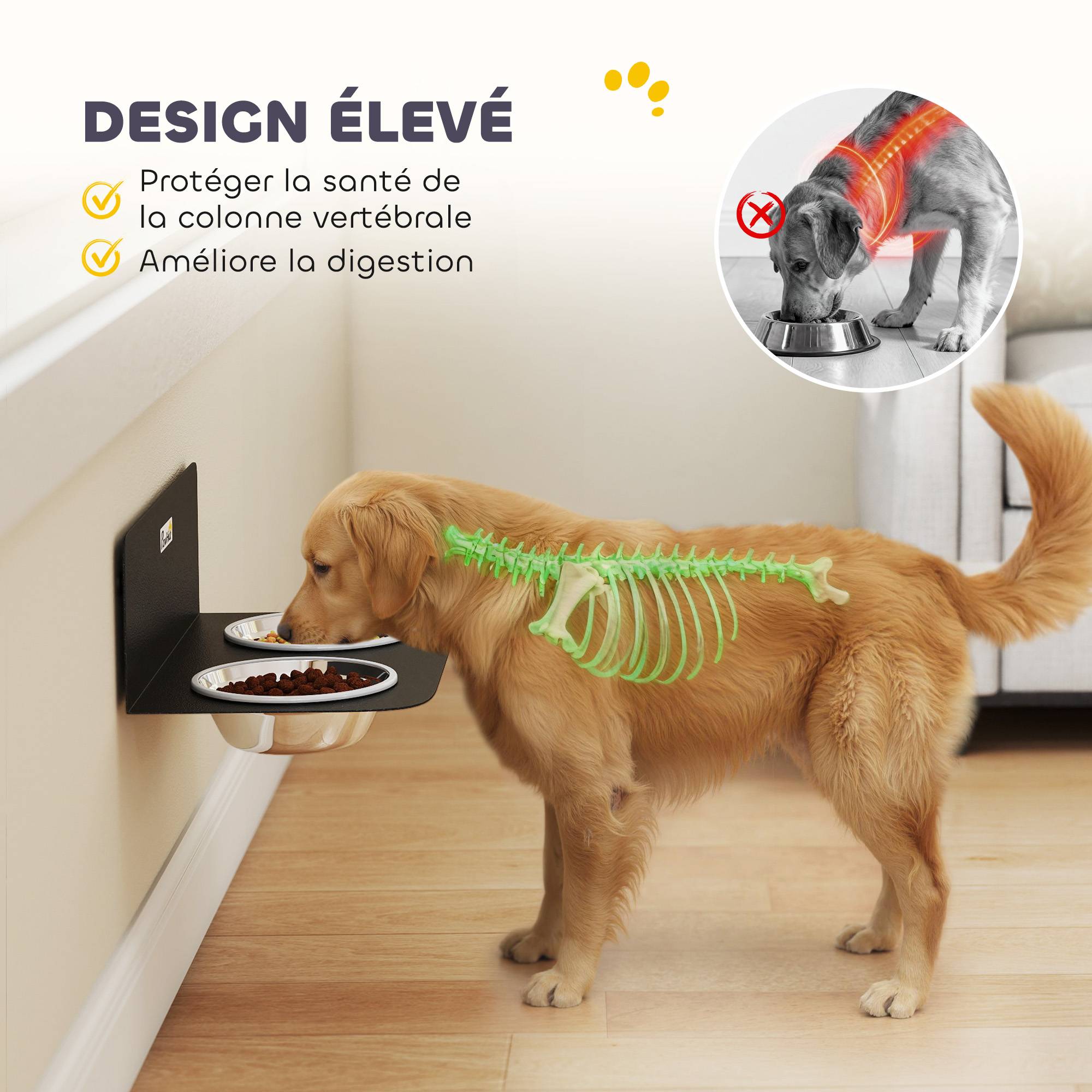 ComfortXL - Gamelle double murale pour chien en acier noir avec 2 bols en inox de 800 ml à hauteur réglable et gain de place - Image 5