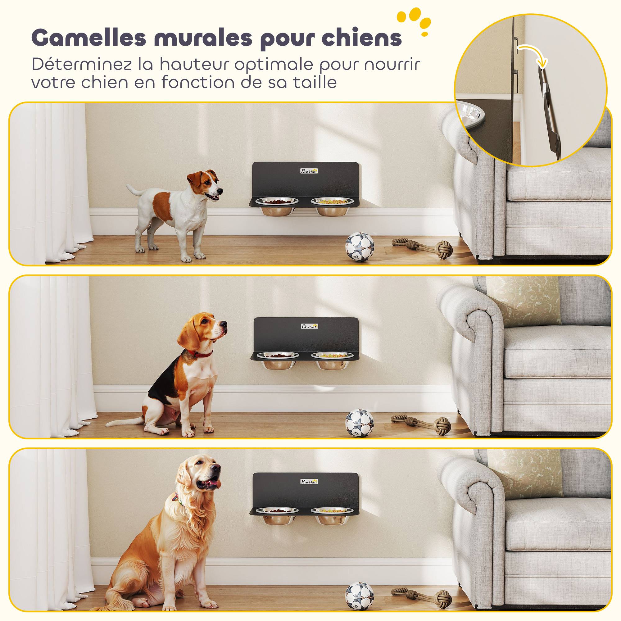 ComfortXL - Gamelle double murale pour chien en acier noir avec 2 bols en inox de 800 ml à hauteur réglable et gain de place - Image 4