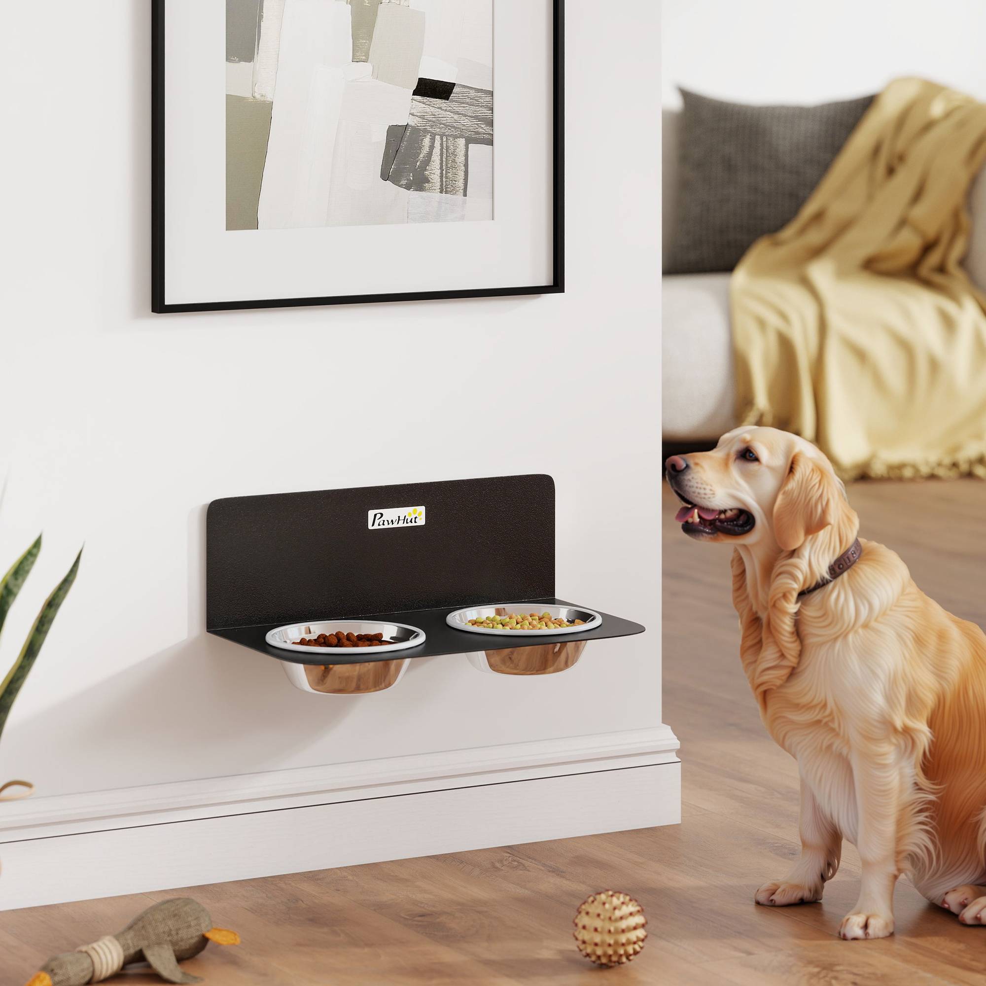 ComfortXL - Gamelle double murale pour chien en acier noir avec 2 bols en inox de 800 ml à hauteur réglable et gain de place - Image 1