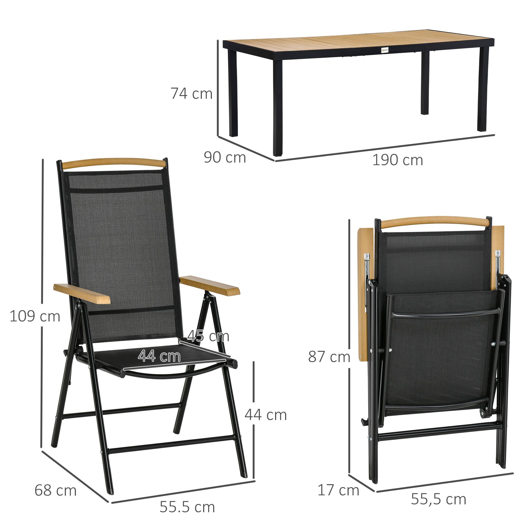 Outsunny - Salon de jardin 6 personnes table 190cm avec 6 chaises pliables inclinables cadre aluminium noir - Outsunny - Image 3