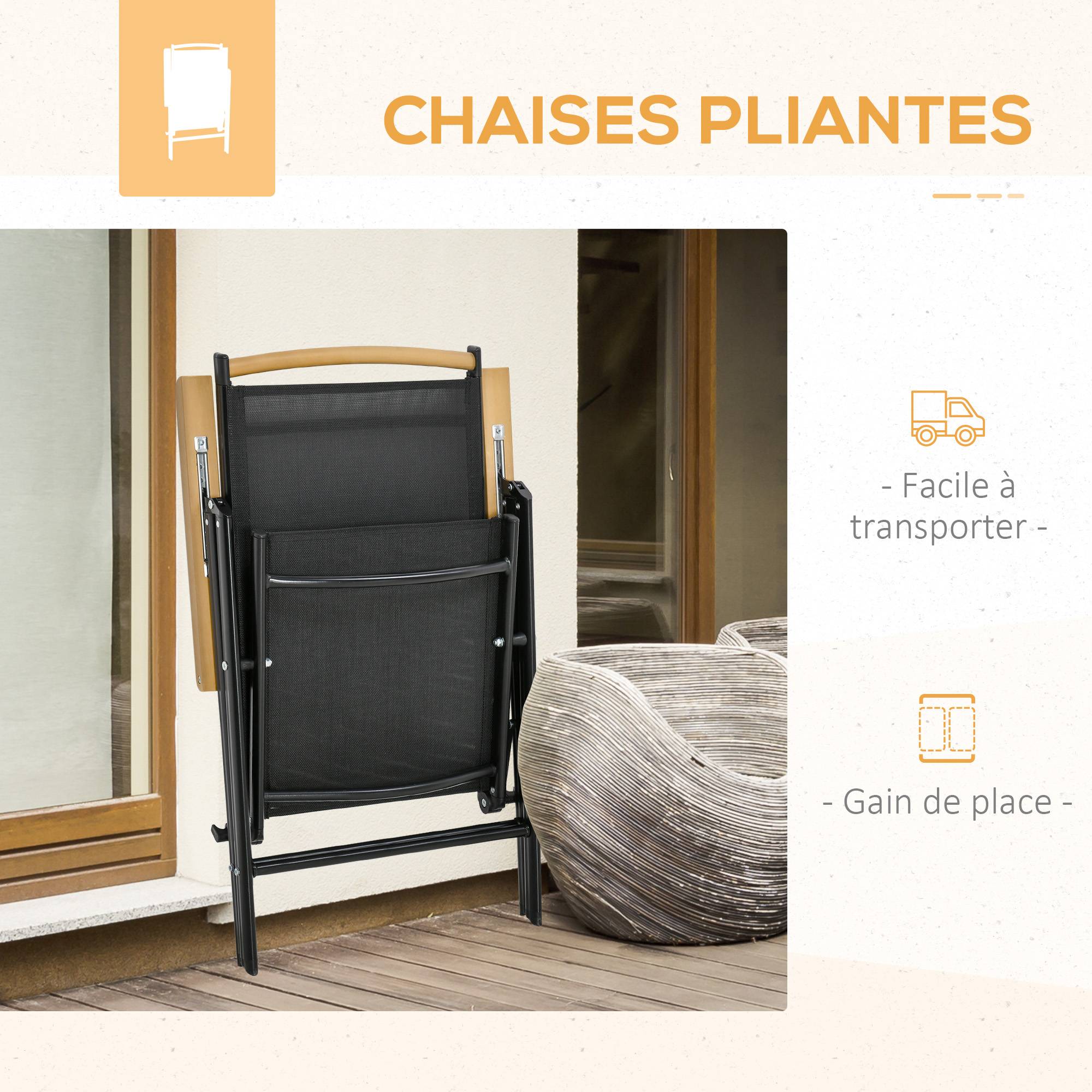 Outsunny - Salon de jardin 6 personnes table 190cm avec 6 chaises pliables inclinables cadre aluminium noir - Outsunny - Image 4