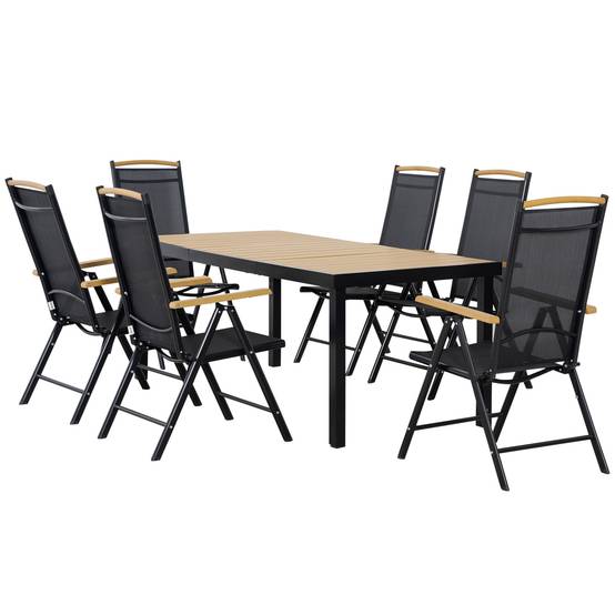 Outsunny - Salon de jardin 6 personnes table 190cm avec 6 chaises pliables inclinables cadre aluminium noir - Outsunny - Image 1
