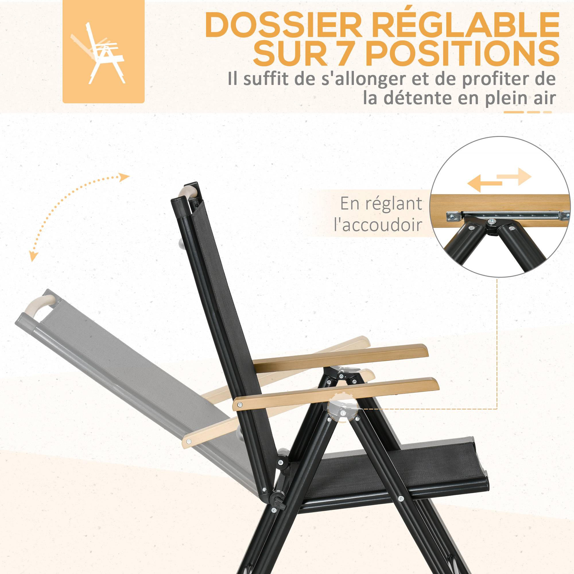 Outsunny - Salon de jardin 6 personnes table 190cm avec 6 chaises pliables inclinables cadre aluminium noir - Outsunny - Image 5
