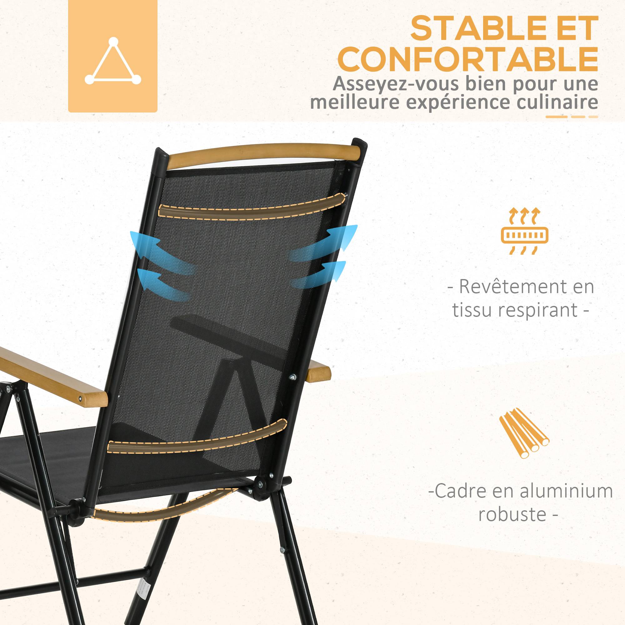 Outsunny - Salon de jardin 6 personnes table 190cm avec 6 chaises pliables inclinables cadre aluminium noir - Outsunny - Image 6