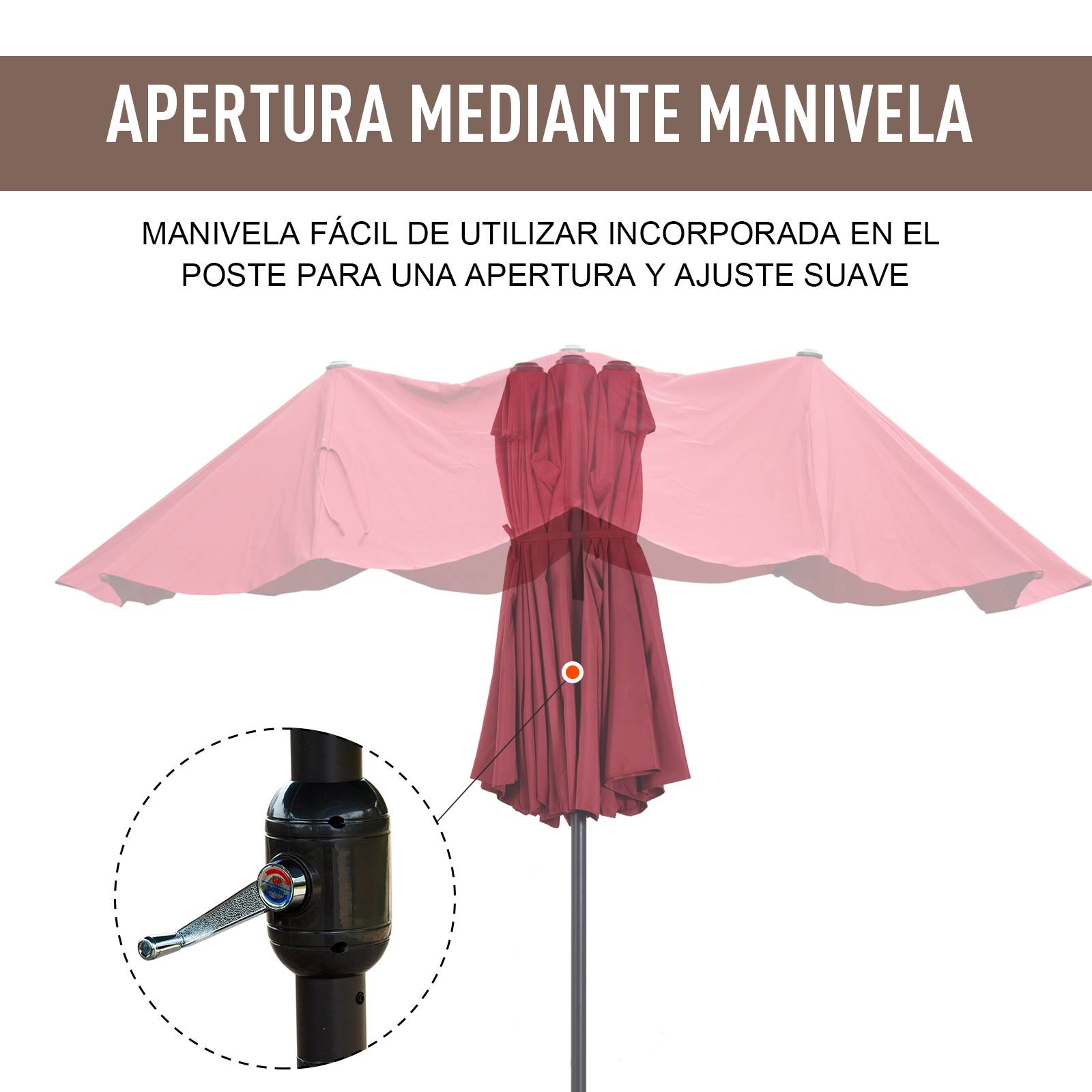 Parasol double de jardin 455x265x238 cm, grand parasol, manivelle manuelle, protection solaire, rouge vin - Image 7
