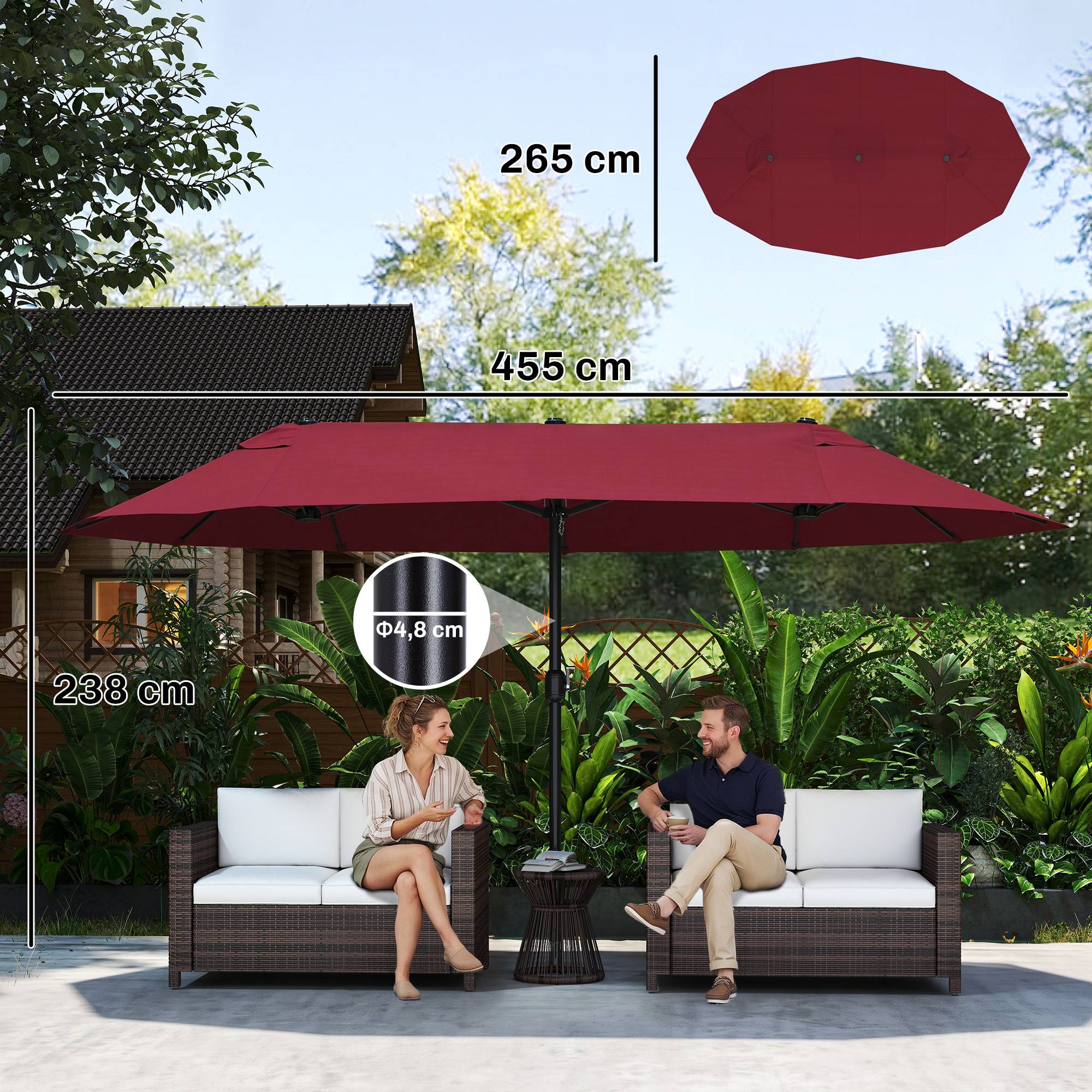 Parasol double de jardin 455x265x238 cm, grand parasol, manivelle manuelle, protection solaire, rouge vin - Image 5