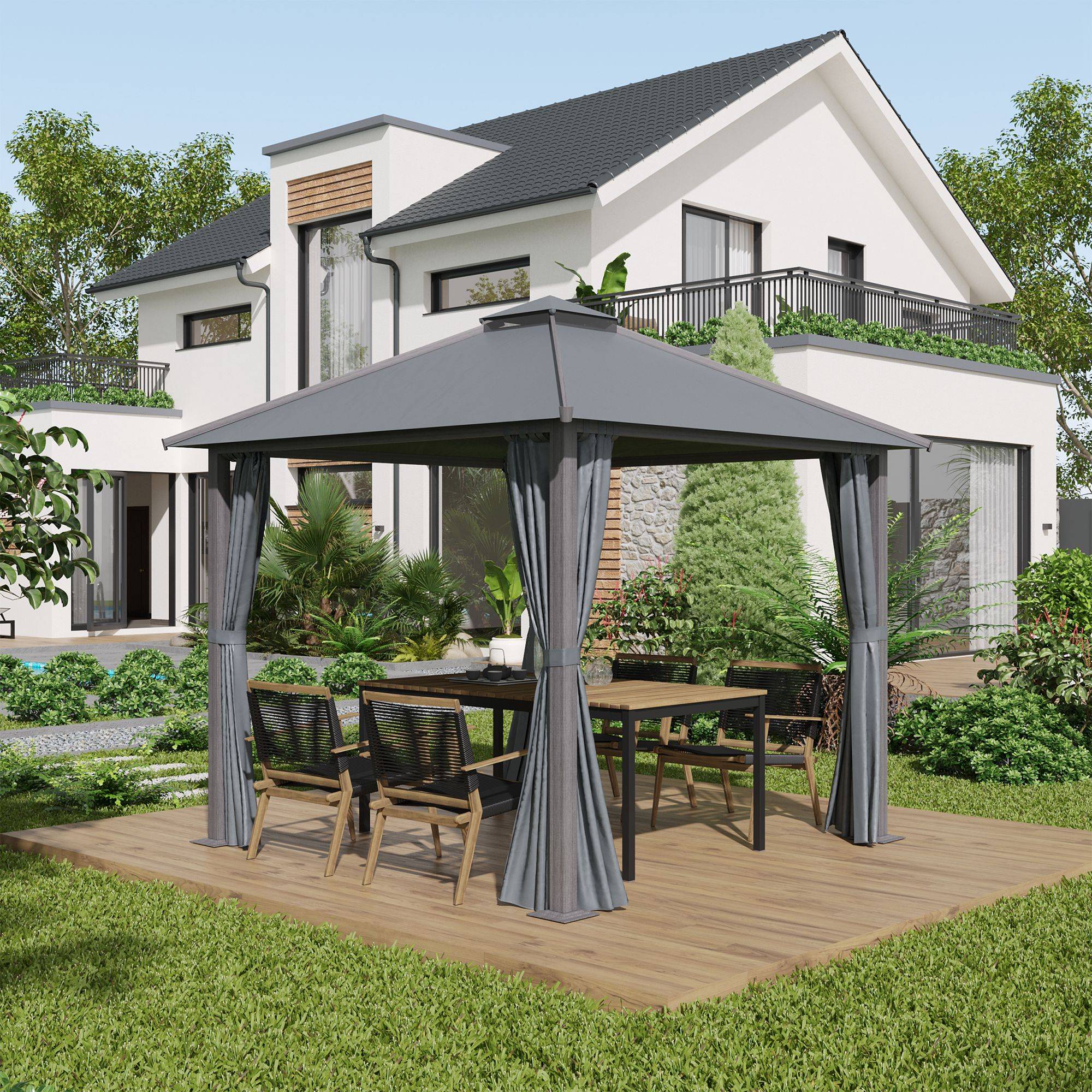 Maison Chic - Tonnelle de jardin pour terrasse avec 4 parois latérales double toit 296x296x280cm Aluminium Gris fr545 - Image 3
