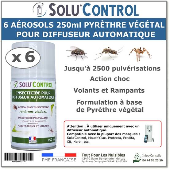 6 Aérosols 250 ml au Pyrèthre Végétal - Compatible Diffuseur Automatique - Action Choc Contre Volants et Rampants - Image 1