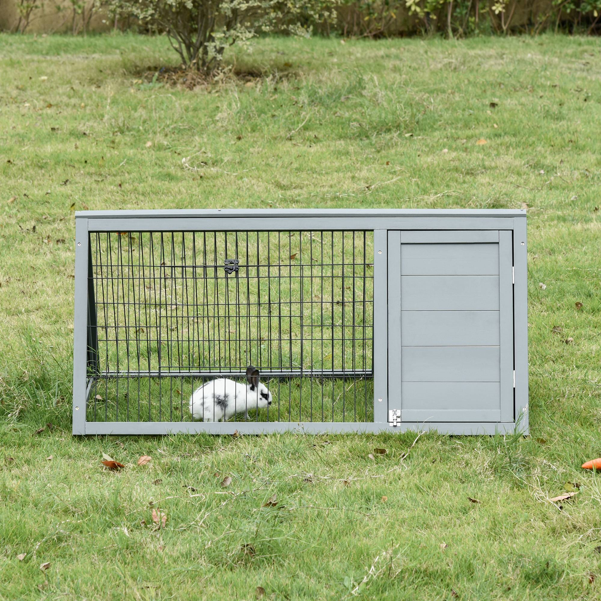 Clapier triangulaire 116x62,2x52,5 cm en pin massif, enclos extérieur double porte pour lapins, poules et tortues, gris - Image 4