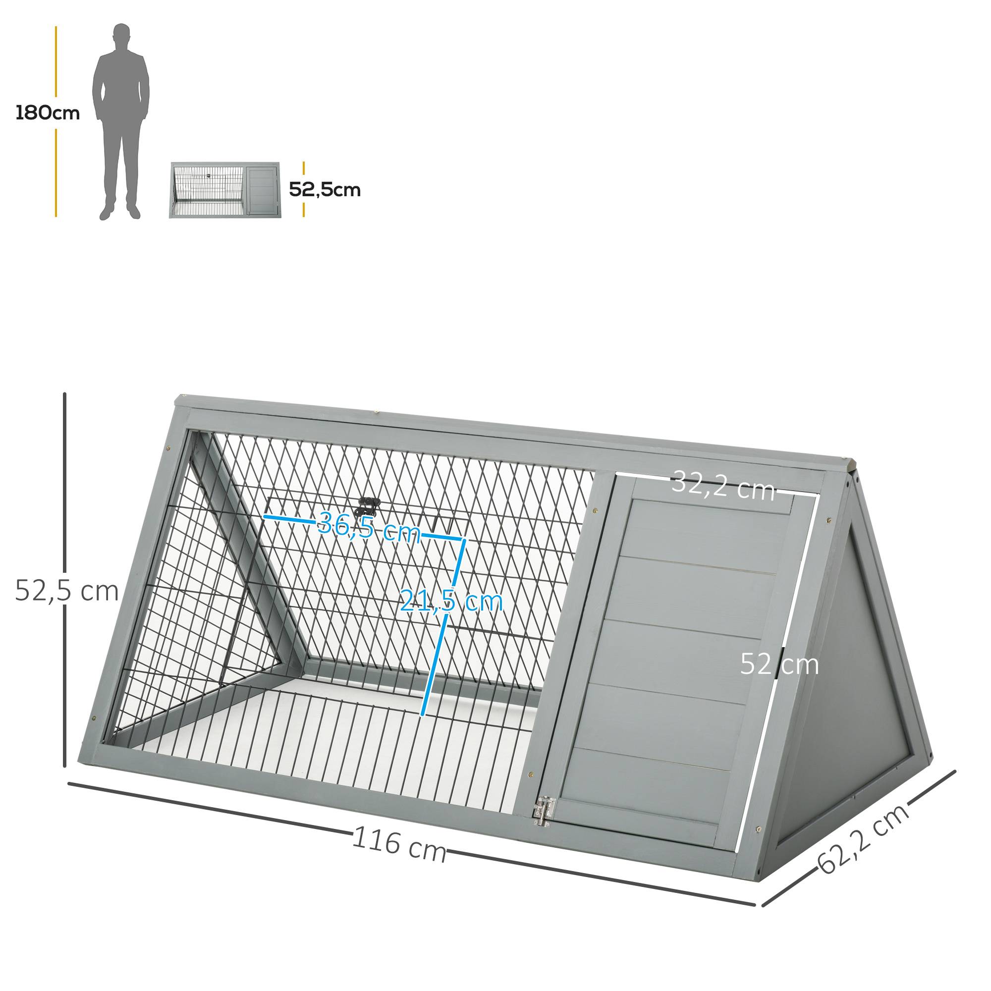 Clapier triangulaire 116x62,2x52,5 cm en pin massif, enclos extérieur double porte pour lapins, poules et tortues, gris - Image 5