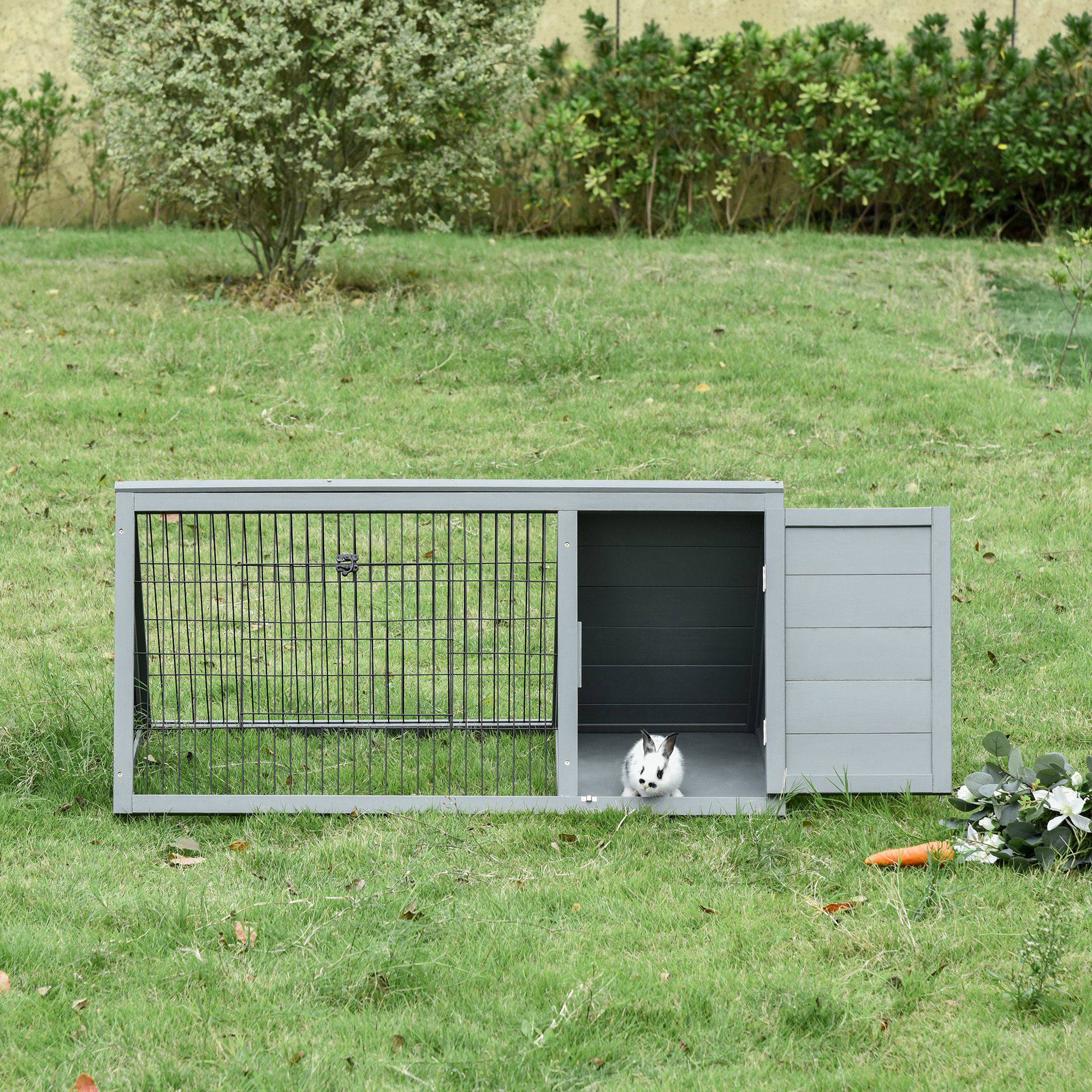 Clapier triangulaire 116x62,2x52,5 cm en pin massif, enclos extérieur double porte pour lapins, poules et tortues, gris - Image 9