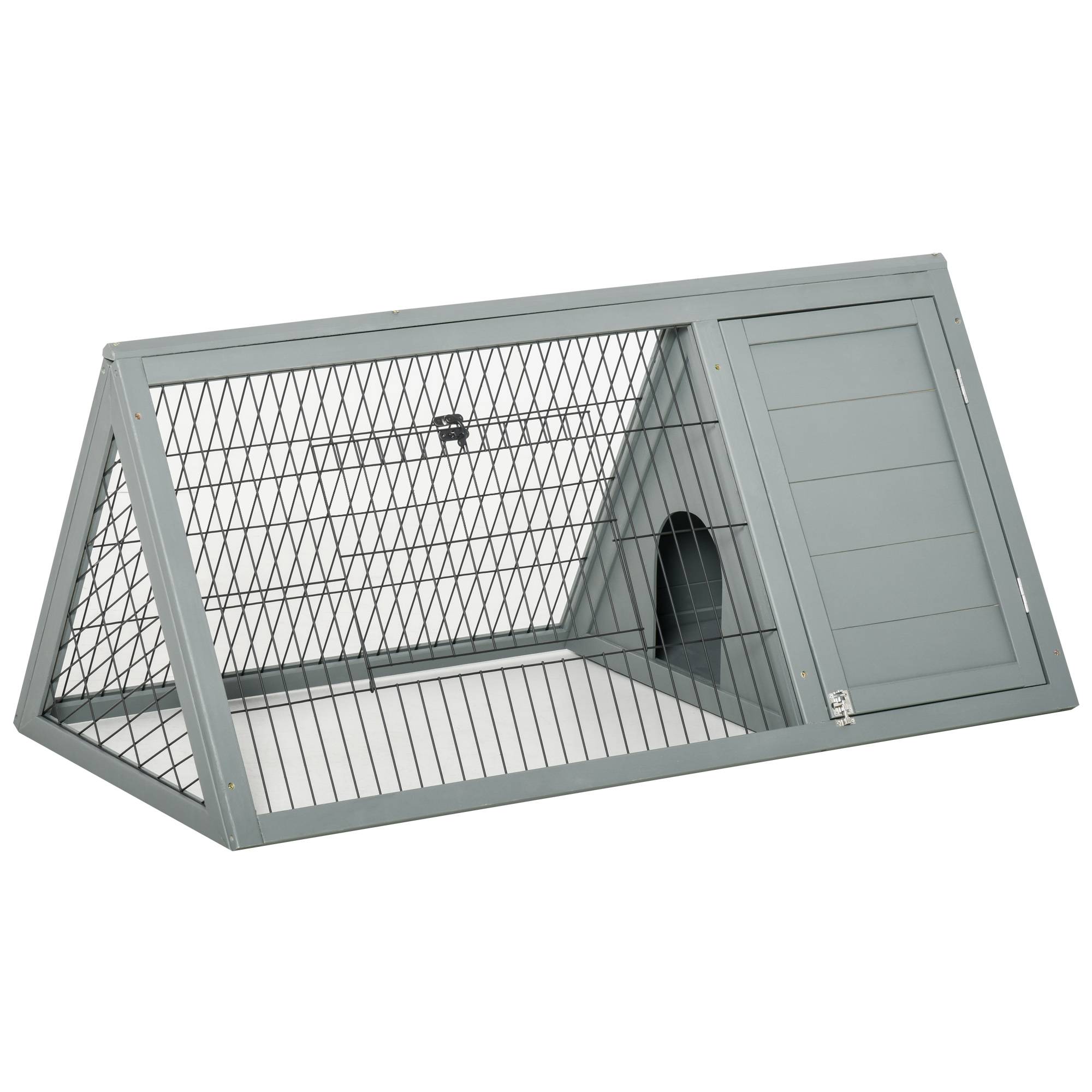Clapier triangulaire 116x62,2x52,5 cm en pin massif, enclos extérieur double porte pour lapins, poules et tortues, gris - Image 1