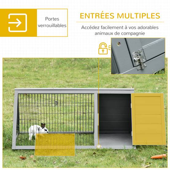 Clapier triangulaire 116x62,2x52,5 cm en pin massif, enclos extérieur double porte pour lapins, poules et tortues, gris - Image 7