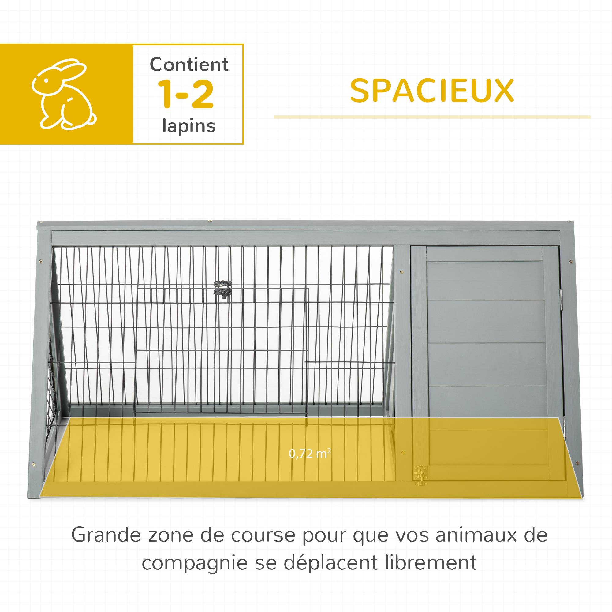 Clapier triangulaire 116x62,2x52,5 cm en pin massif, enclos extérieur double porte pour lapins, poules et tortues, gris - Image 6