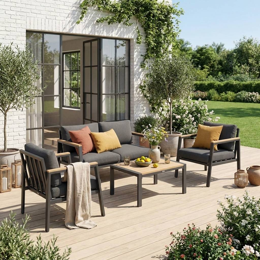 sweeek - Salon de jardin Casoria. gris foncé. aluminium et polywood 4 places. 1 canapé. 2 fauteuils. 1 table basse | sweeek - Image 1