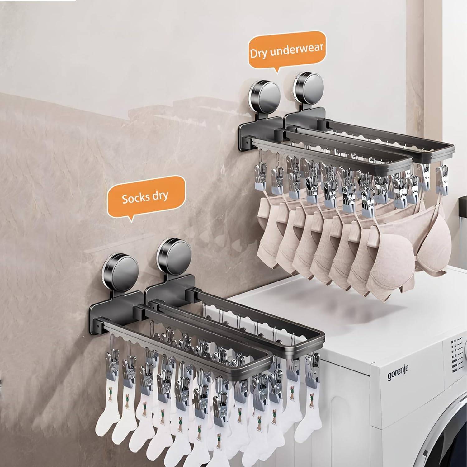 Séchoir à linge mural à ventouses avec 14 pinces, pliable, pour chaussettes, sous-vêtements, vêtements de bébé et serviettes (1 paquet)-Lytech - Image 3