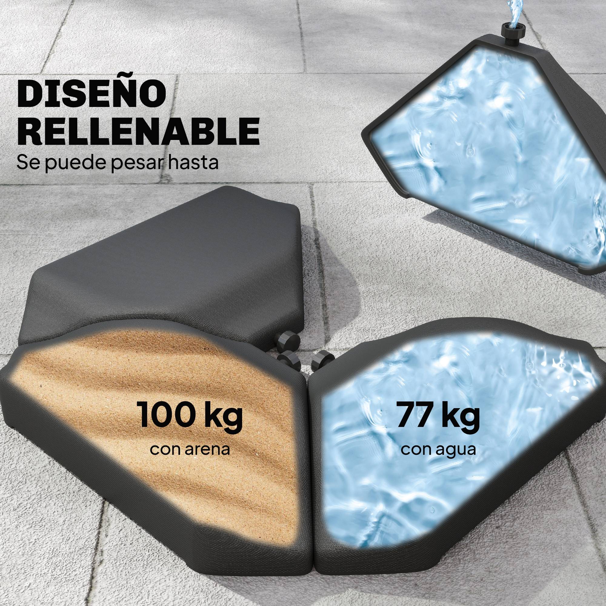 Base parasol 4 pieces pour cantilever, support HDPE remplissable eau 77 kg ou sable 100 kg - Image 6