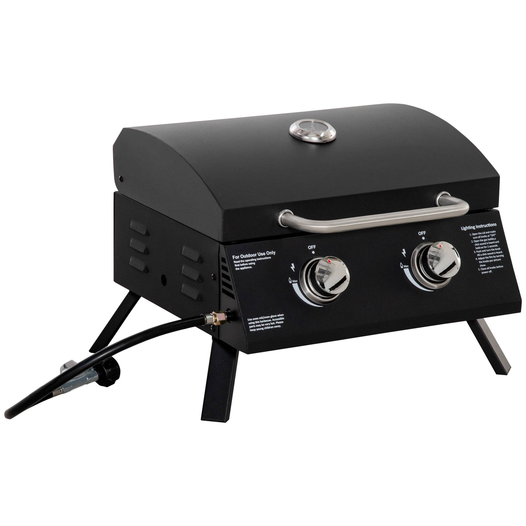 Outsunny - Barbecue gaz de table transportable pieds pliables - 2 brûleurs 5 kW - grille de cuisson, réceptacle graisse, thermomètre - acier noir - Outsunny