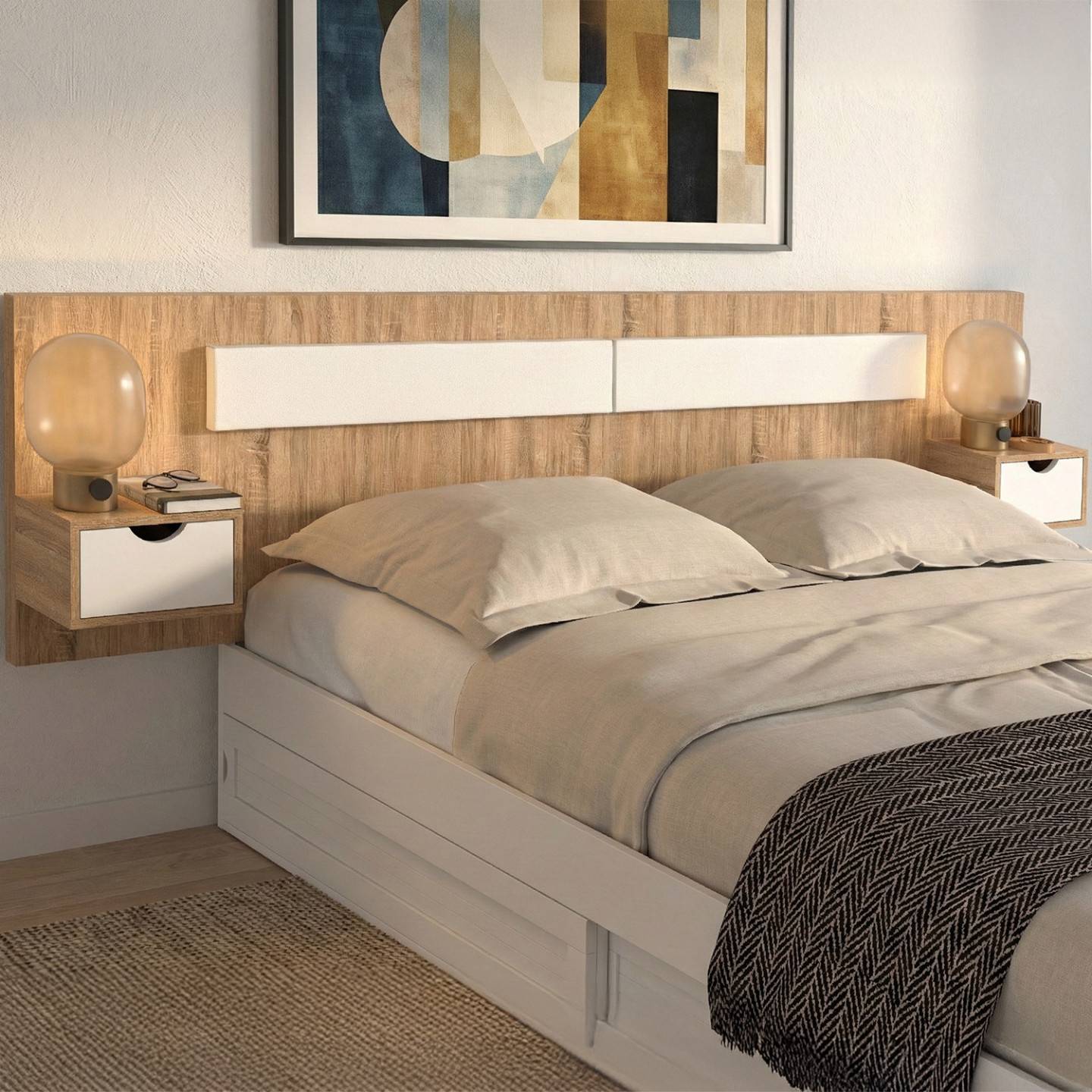 IDMARKET - Tête de lit suspendue avec chevets SANTA pour lit 140, 160 et 180 cm bois et blanc