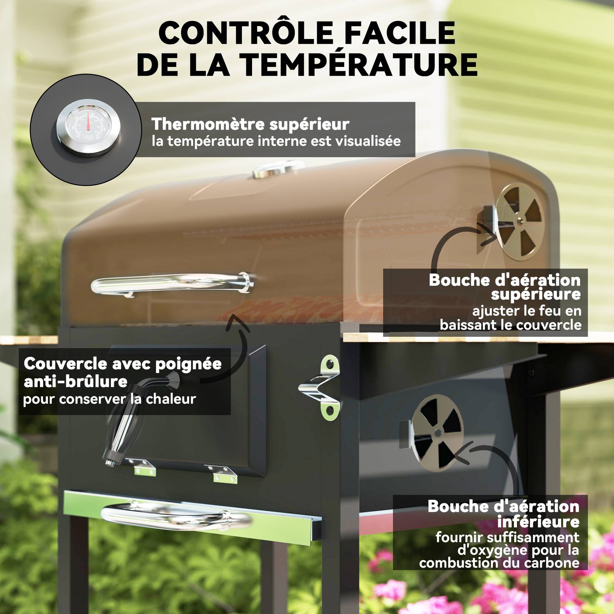 Barbecue à charbon réglable acier jardin couvercle thermomètre décapsuleur noir 112 cm - ComfortXL Outdoor Living - Image 8