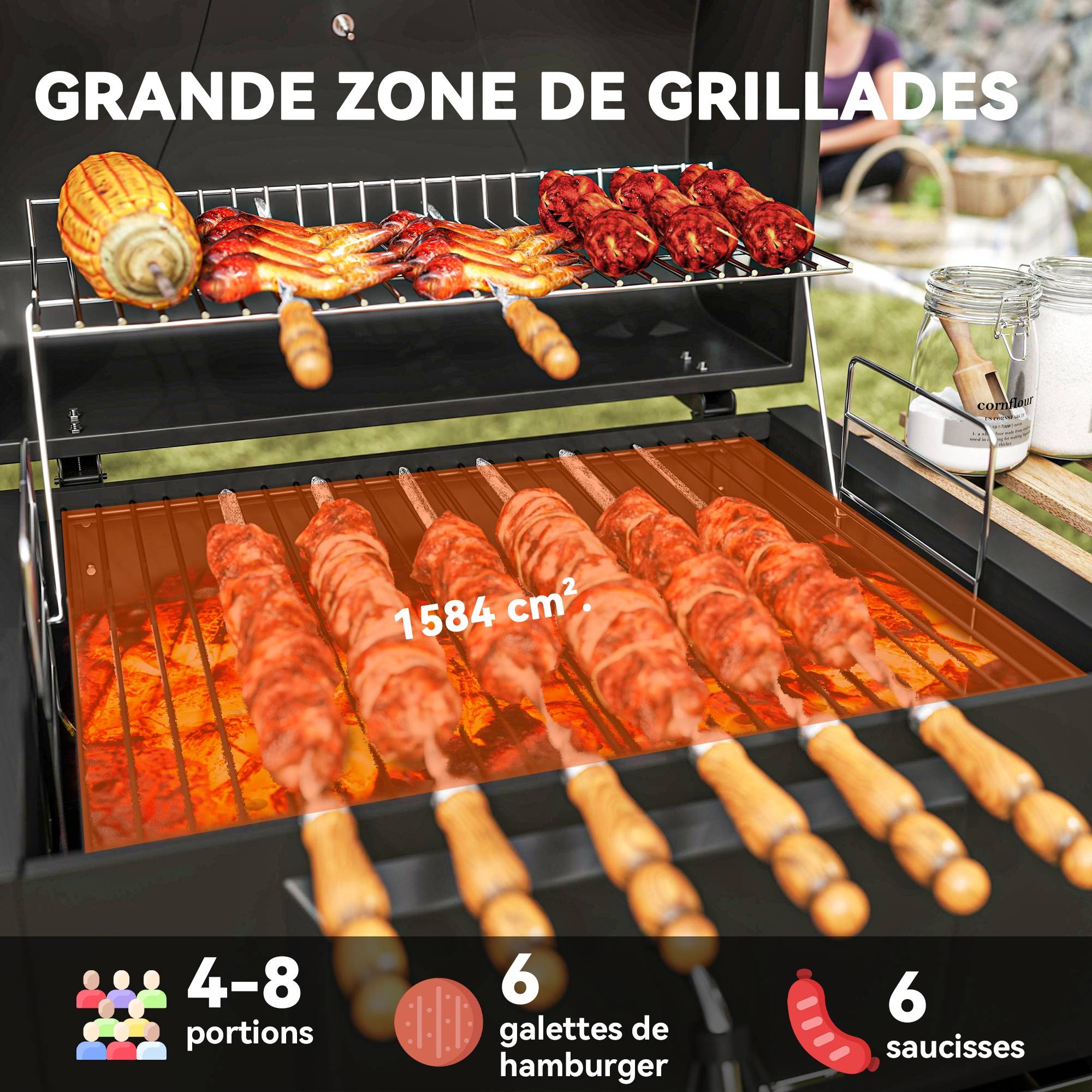 Barbecue à charbon réglable acier jardin couvercle thermomètre décapsuleur noir 112 cm - ComfortXL Outdoor Living - Image 6